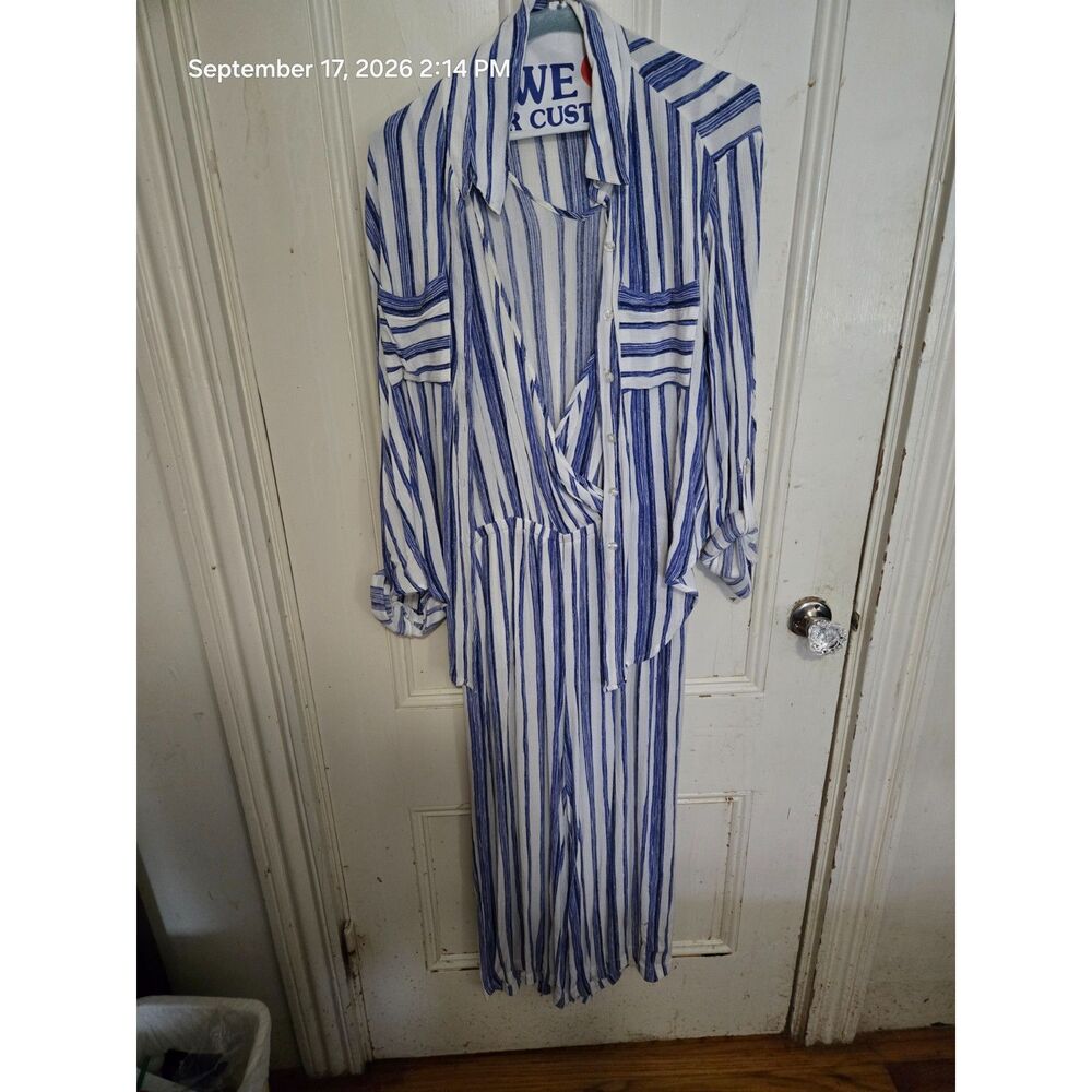 Chico's Blue & White Striped Jumpsuit with Button-Down Shirt Layer / Set